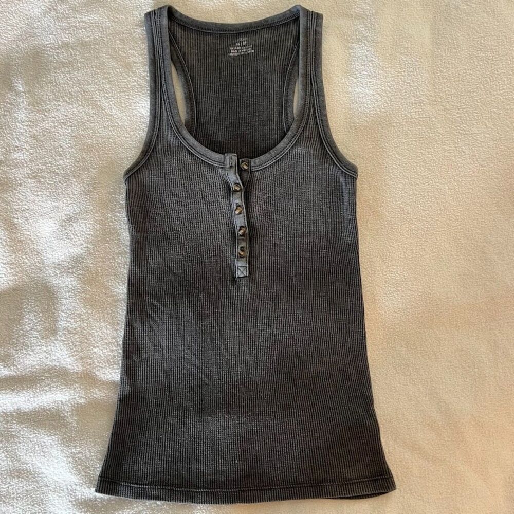 Aerie Women's Tank Top Racer Back Buttons Waffle Knit Dark Gray, Size XS